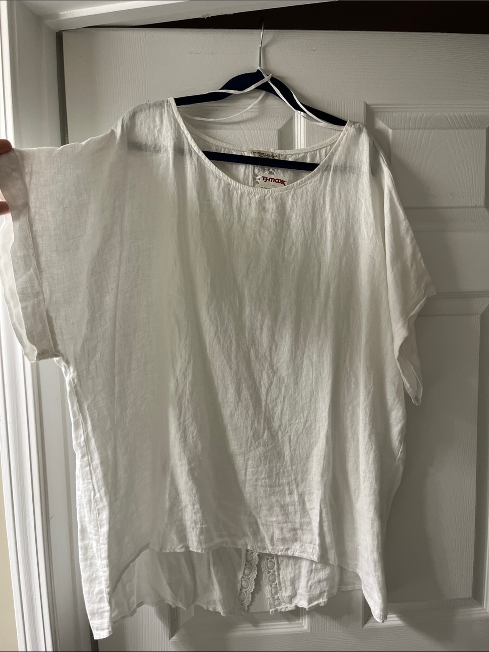 T.J.Maxx White Linen-Blend Short Sleeve Lace-Hem Tunic